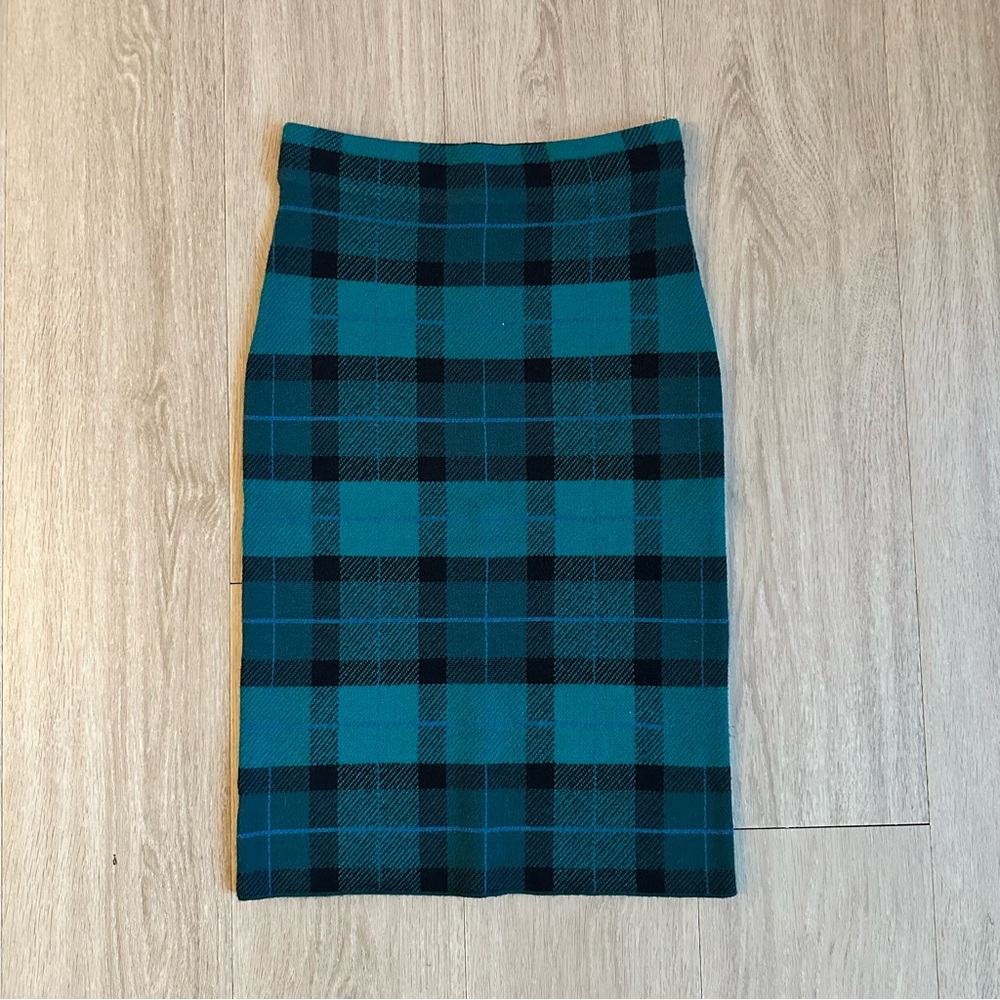 Ann Taylor Plaid Green/Teal Pencil Midi Skirt